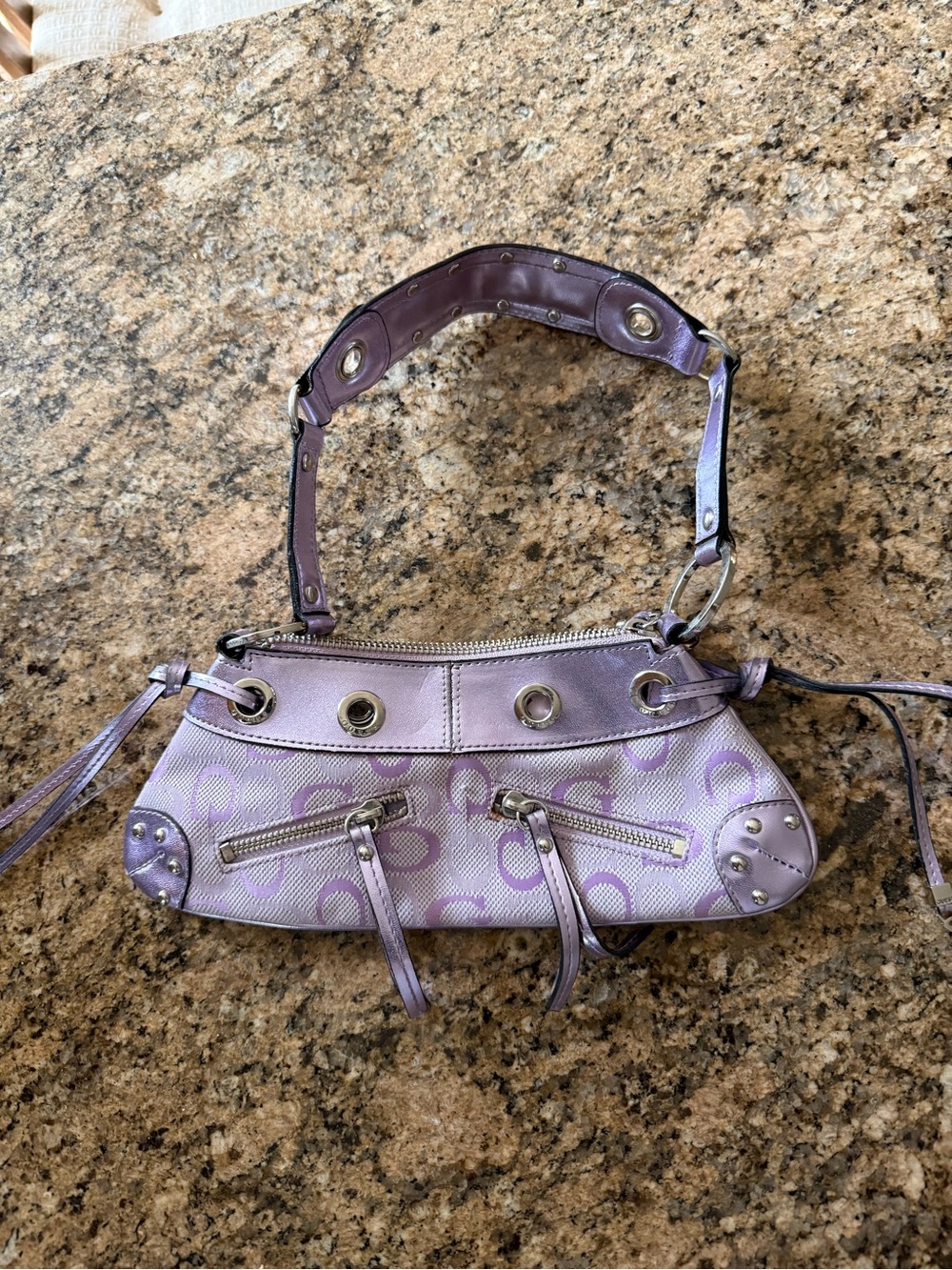 Vintage Y2K Guess Purple Monogram Baguette Shoulder Bag Metallic 00s